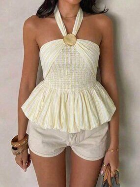 White Boho Women's Stripe Halter Top with Buckle, Smocked Back, Flared Hem